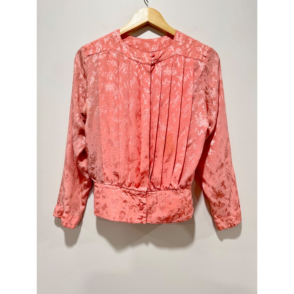 Argenti Petites Vintage 100% Silk Jacquard Pleated Blouse Coral Pink Size 10